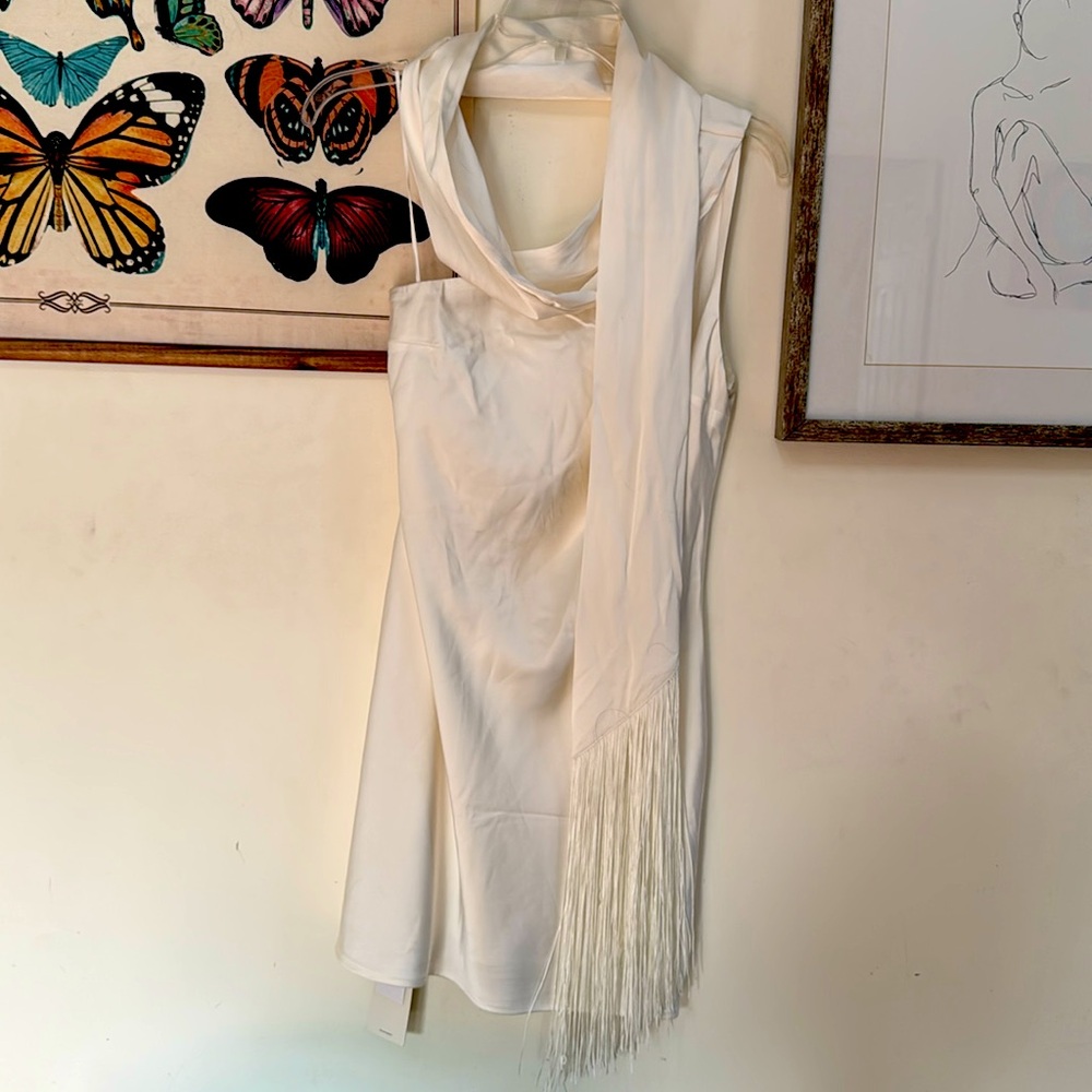 White bridal Abercrombie mini dress with neck scarf.